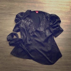 Black silky/sequin wrap top